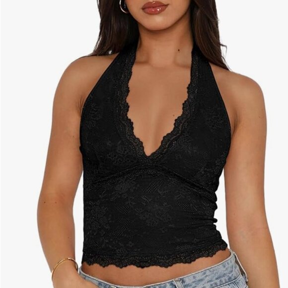 Backless V Neck Lace Halter - Picture 1 of 3